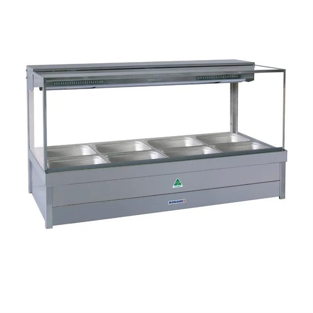 Roband Square Glass Hot Food Display Bar, 4 pans double row with roller doors